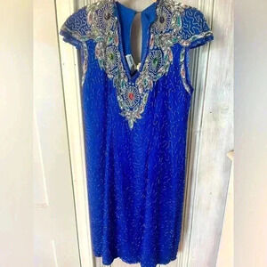 SILKY NITES NEW YORK|silk beaded sequined jewel toned knee length party dress|M